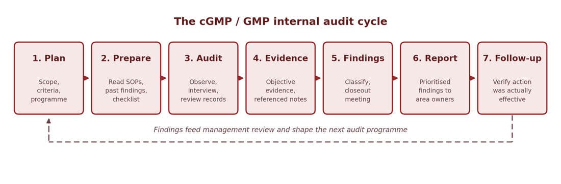 The cGMP and GMP internal audit cycle - plan, prepare, audit, evidence, findings, report and follow-up