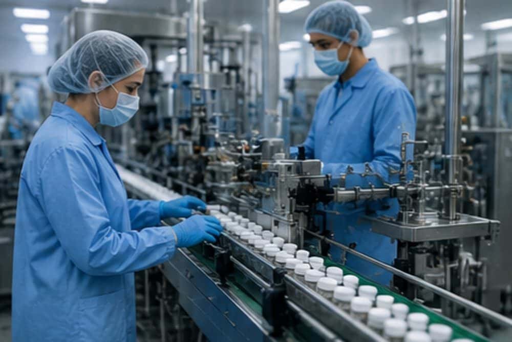 Operators working a packaging line in a controlled manufacturing environment, the kind of process an internal auditor observes